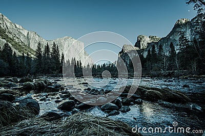 View of Yosemite National Park in the morning from Yosemite Valley. Stock Photo
